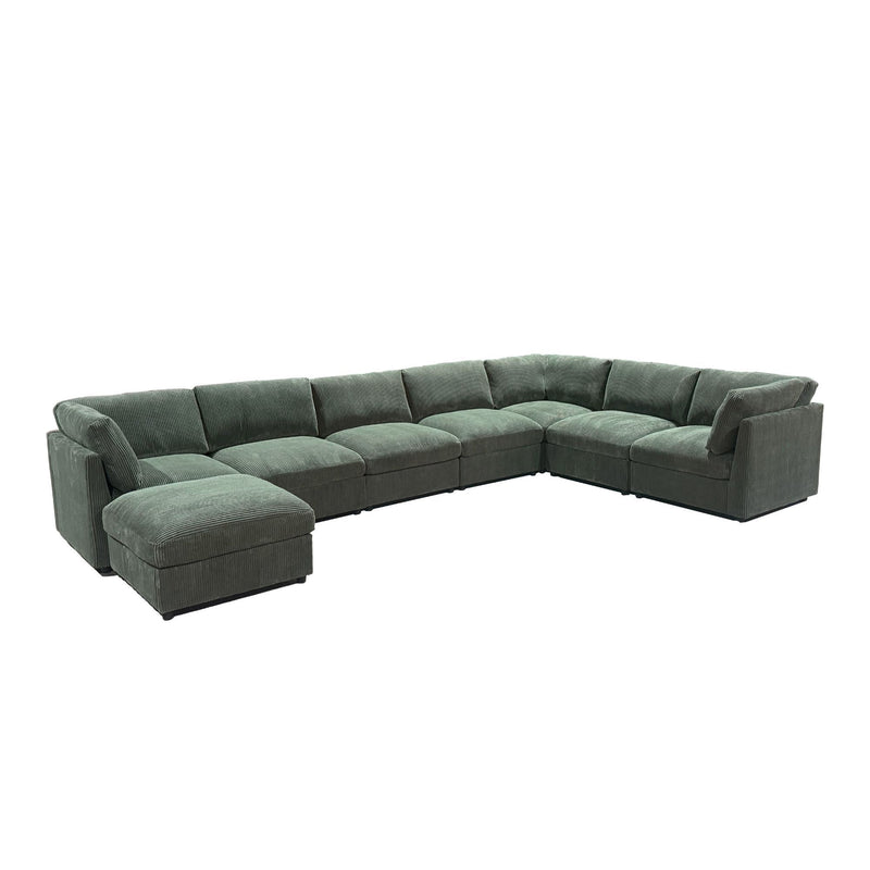 Dark green modular sectional sofa with two ottomans, curved L-shape corner design