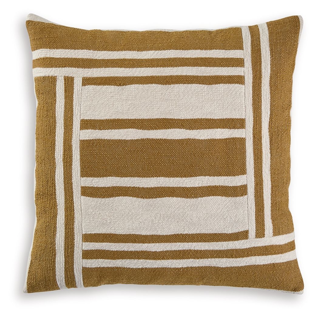 Ochre and ivory striped square throw pillow with layered border bands