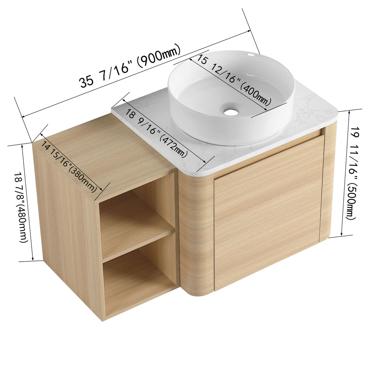 Bathroom vanity with white vessel sink, open shelf, and cabinet storage door.
