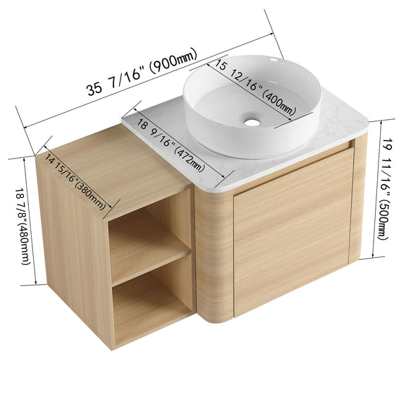 Bathroom vanity with white vessel sink, open shelf, and cabinet storage door.
