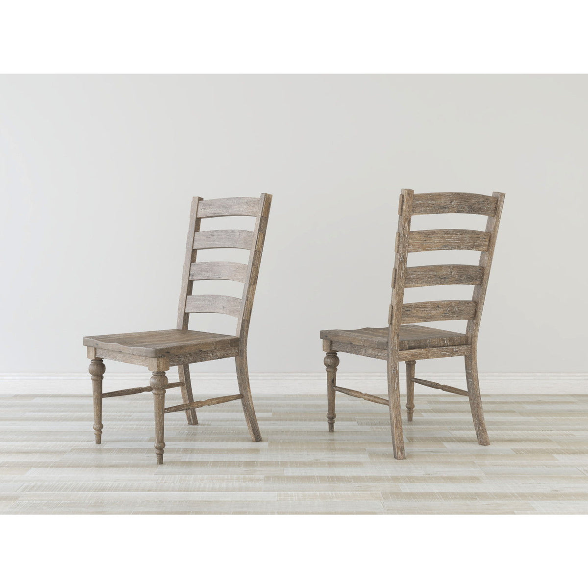Taupe ladderback dining chairs with slatted backs and turned legs, set of 2