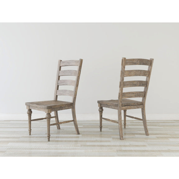 Taupe ladderback dining chairs with slatted backs and turned legs, set of 2