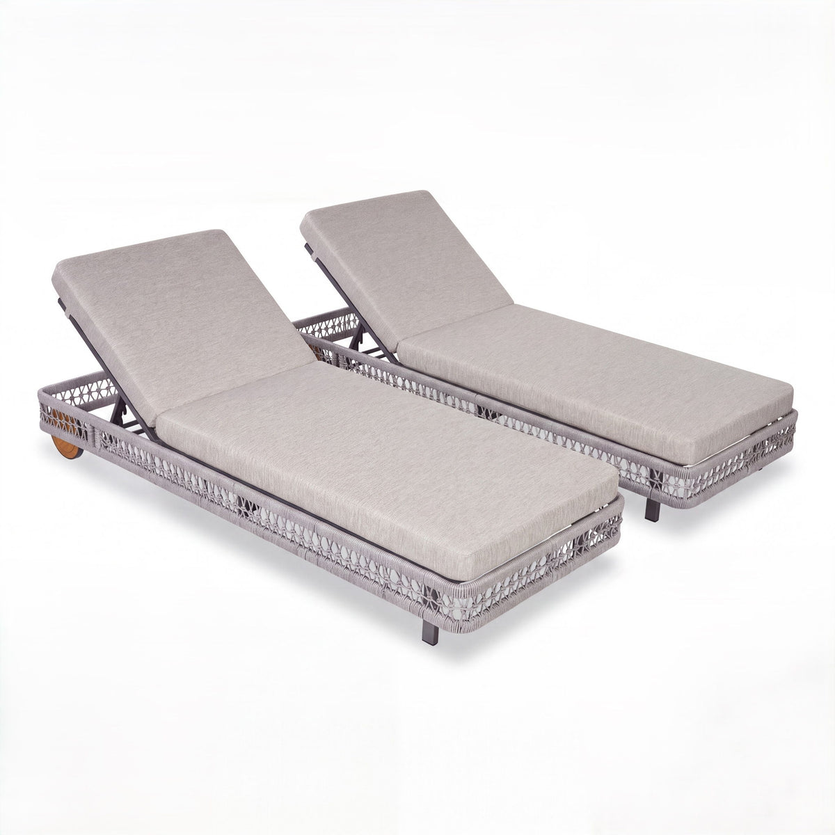 Two gray outdoor chaise lounges with 5-position adjustable backrests and wheels