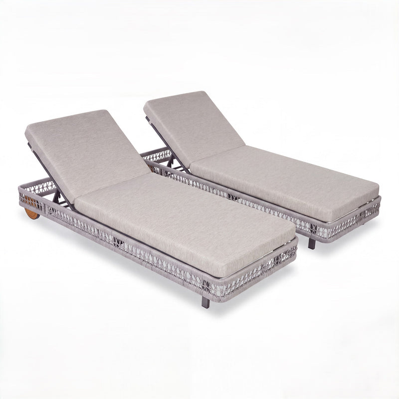 Two gray outdoor chaise lounges with 5-position adjustable backrests and wheels