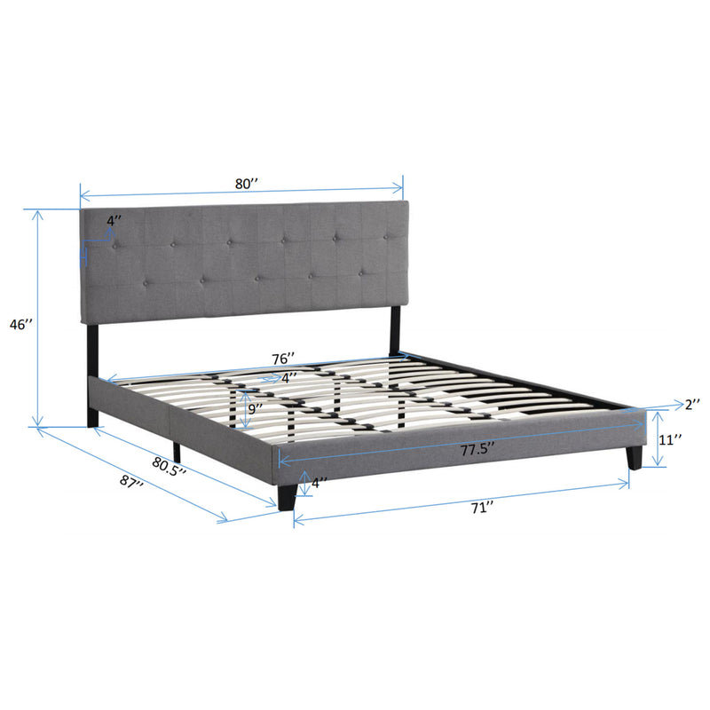 Modern Upholstered Platform Bed Frame With Button Tufted Linen Headboard And Wood Slat Support