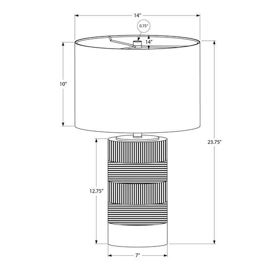 Table lamp dimension diagram with cream shade and black ribbed resin base