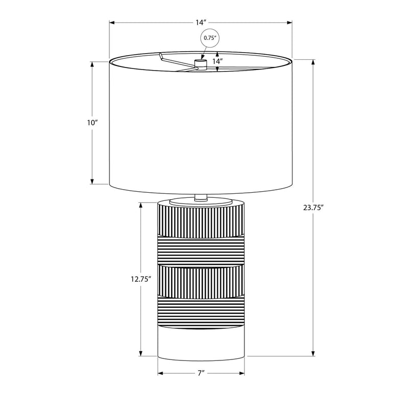 Table lamp dimension diagram with cream shade and black ribbed resin base