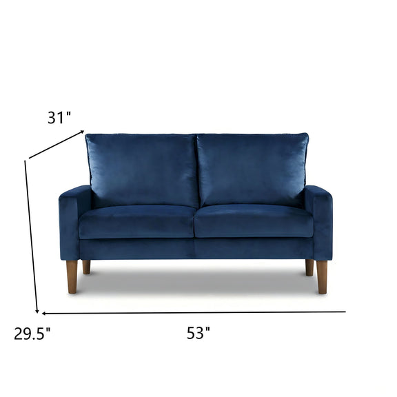 Blue upholstered 2-seat loveseat sofa with square arms and two back cushions