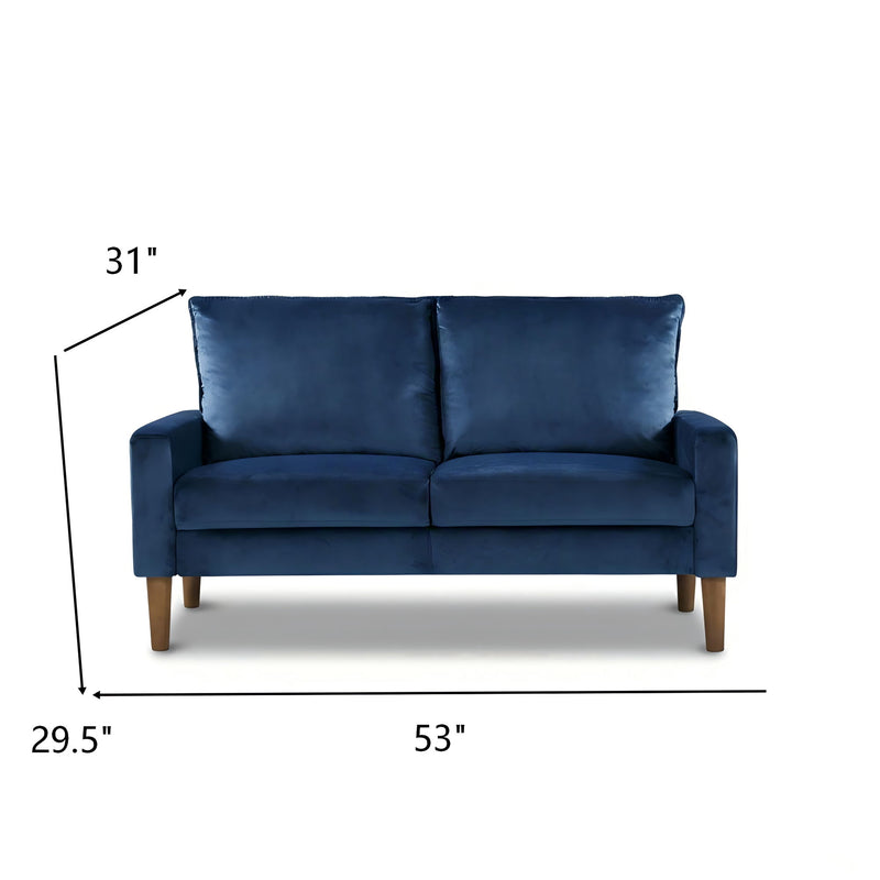 Blue upholstered 2-seat loveseat sofa with square arms and two back cushions