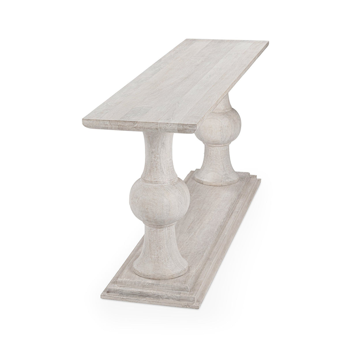 Creamwood console table with rounded pedestal supports and lower shelf, light distressed look.