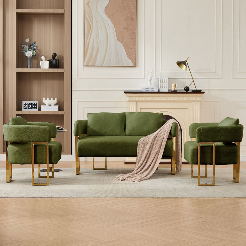 Dark green upholstered side chairs with cushioned seat and gold-tone legs