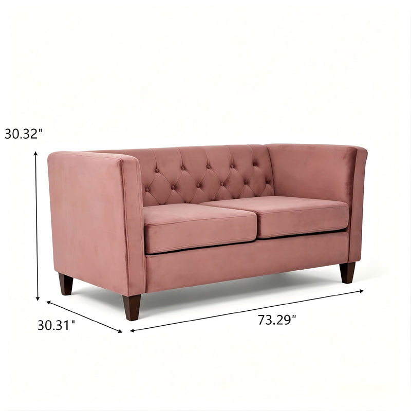 Pink button-tufted 2-seater loveseat with square arms and padded back