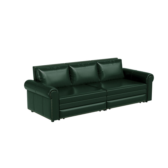 Convertible sofa bed in dark green faux leather, tufted back and rounded armrests