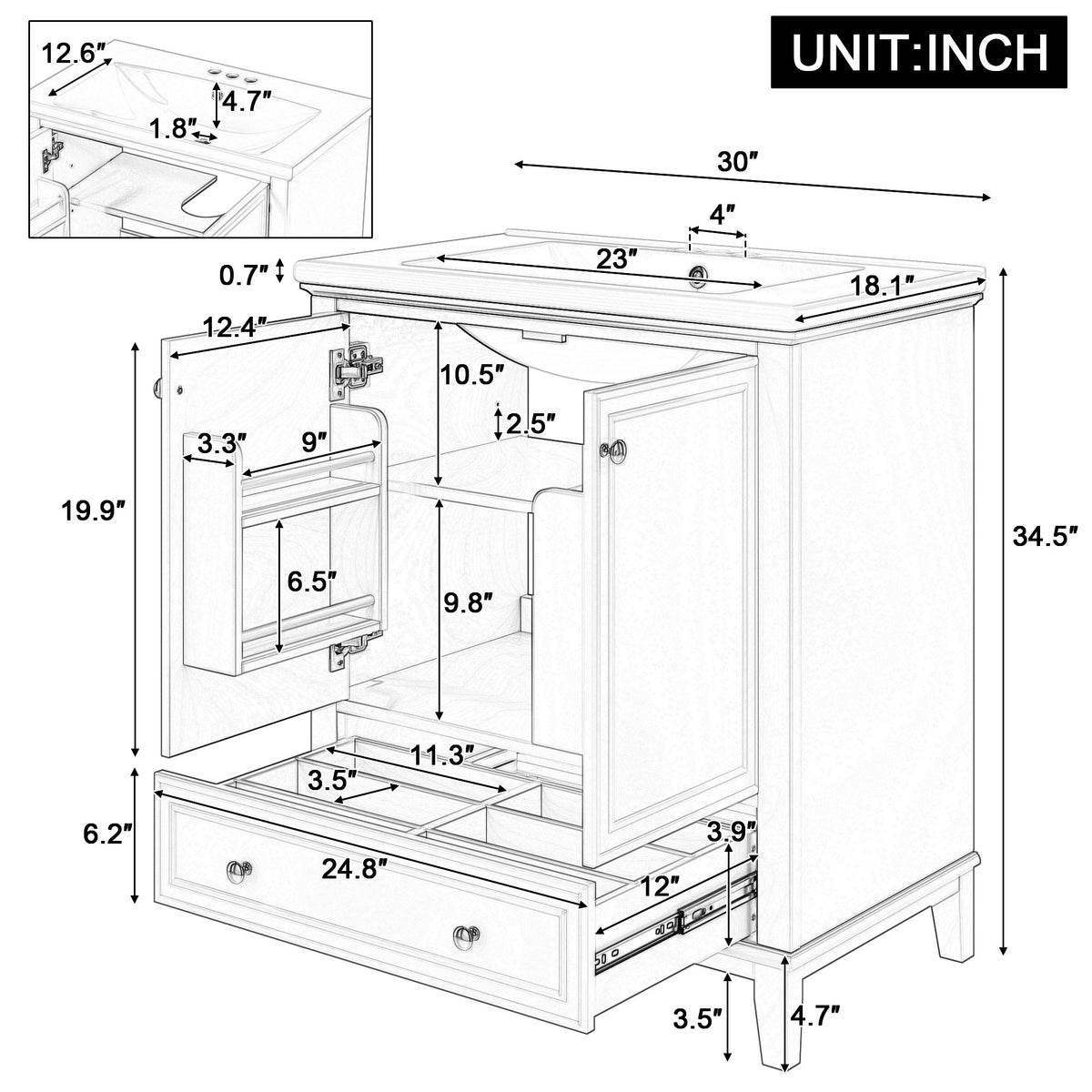 Modern Bathroom Vanity With Sink Combo, Doors And Drawer
