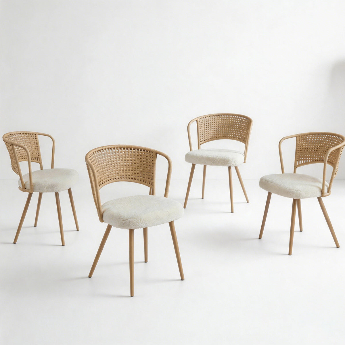 Wicker dining chair with light cushion, armless design, angled wooden legs