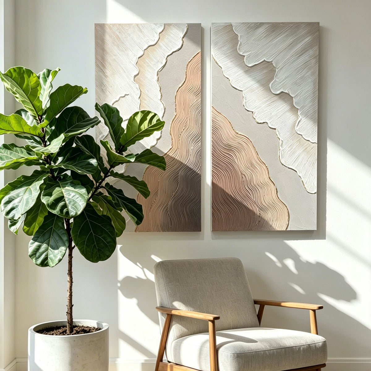 Abstract Wall Art, Textured Canvas Painting With Accents, Decor For Living Room (Set of 2) - Antique Brown+White