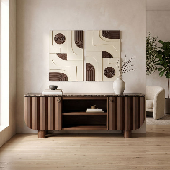 Light beige mango wood media console with open shelf and striped cabinet doors in living room