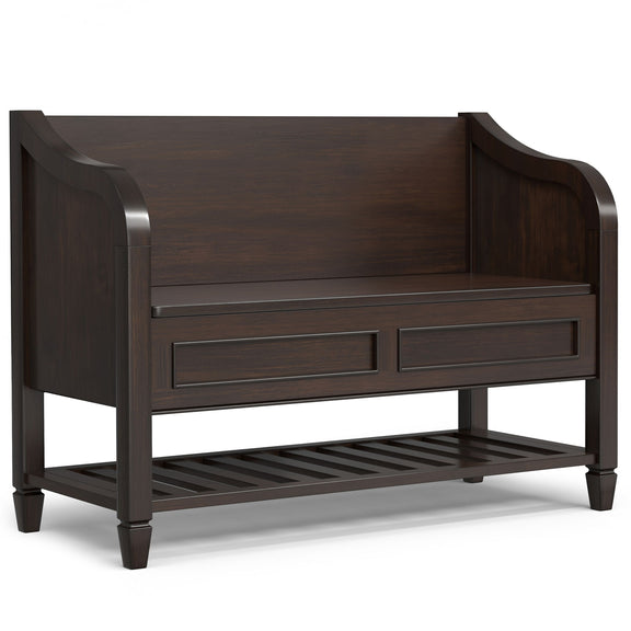 Dark chestnut wood entryway storage bench with open shelf and two drawer fronts
