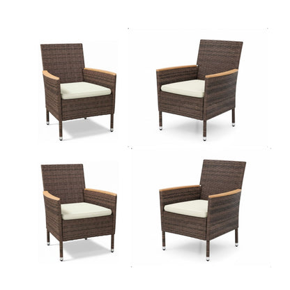 Set of 4 patio dining chairs: dark brown woven frames, light seat cushions