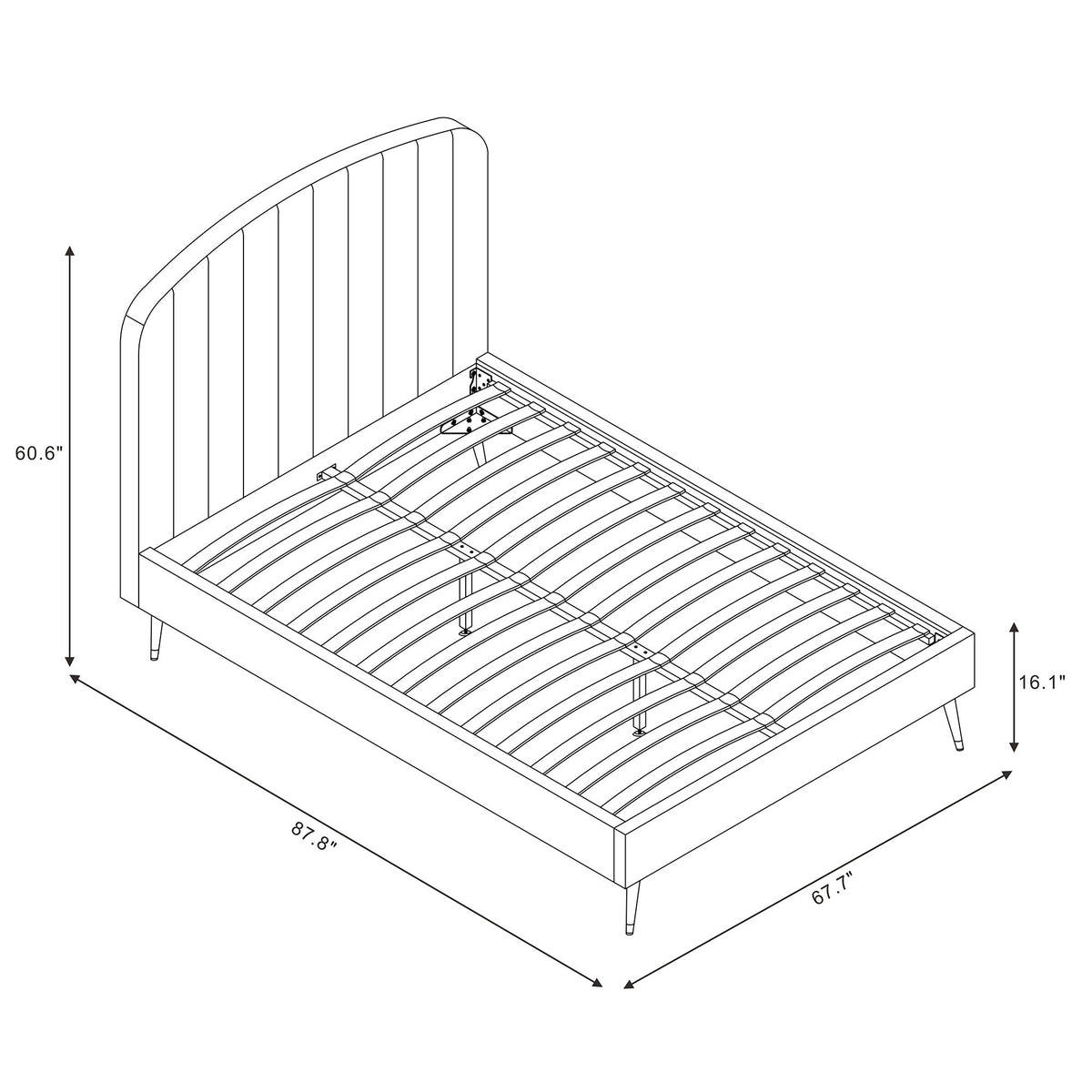Arched channel upholstered bed frame with slatted support, overall view