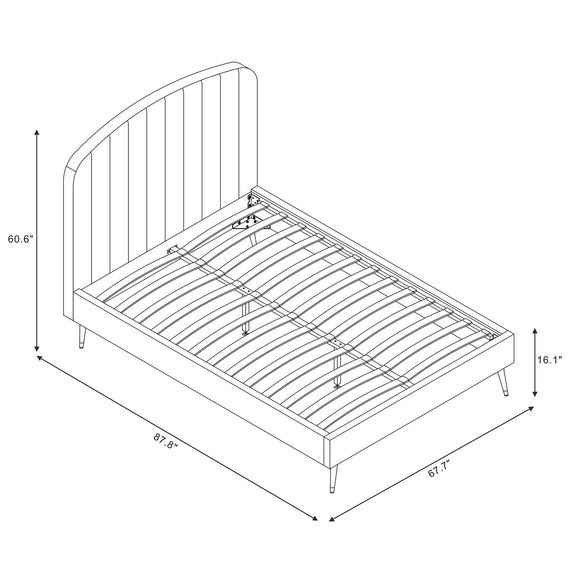 Arched channel upholstered bed frame with slatted support, overall view