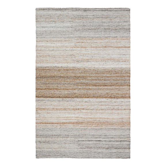 Sand and gray striped flatweave rug, low pile, borderless rectangular design