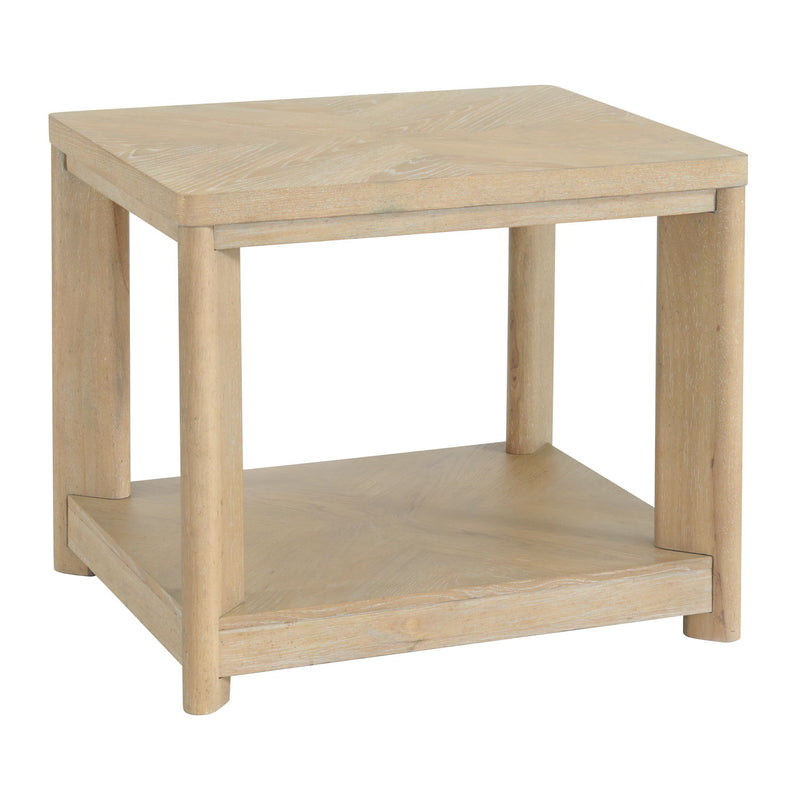 Tan wood end table with lower shelf and open sides