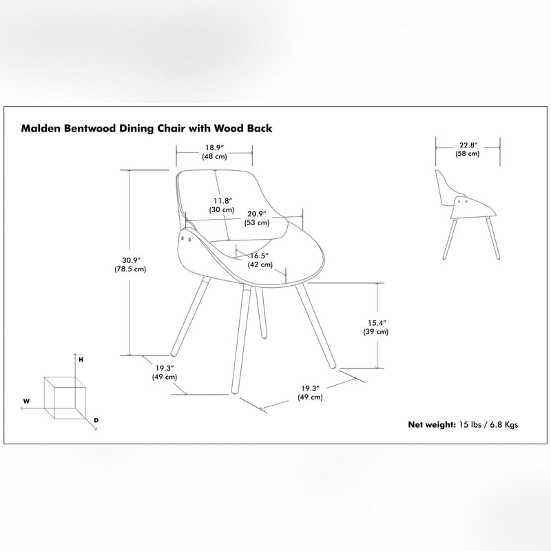 Bentwood dining chair size diagram with measurements and angled seat profile