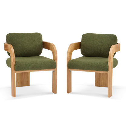Pair of dark green upholstered dining chairs with cushioned backs and curved wood arms