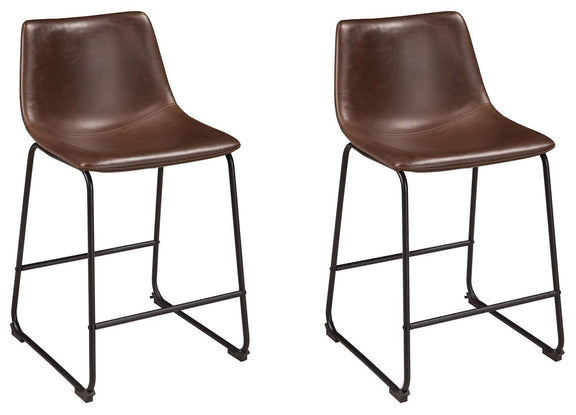 Set of 2 brown upholstered barstools with curved backs and black metal legs