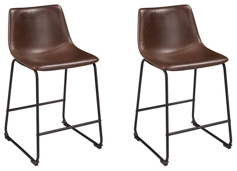 Set of 2 brown upholstered barstools with curved backs and black metal legs