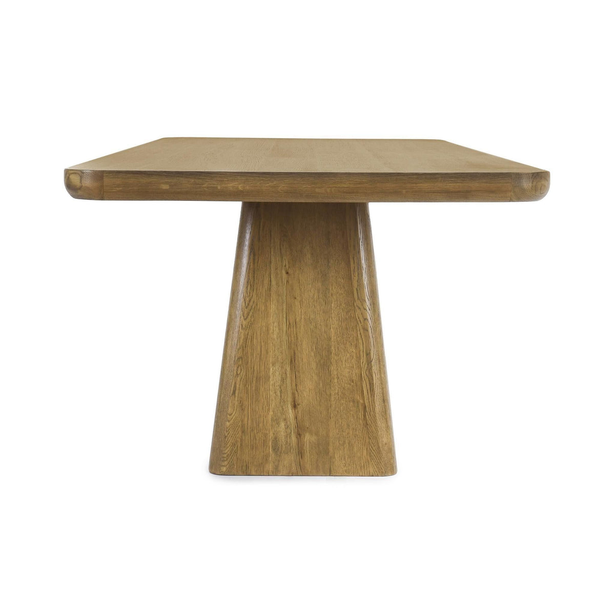 Light brown wood dining table with round-corner rectangular top and single pedestal