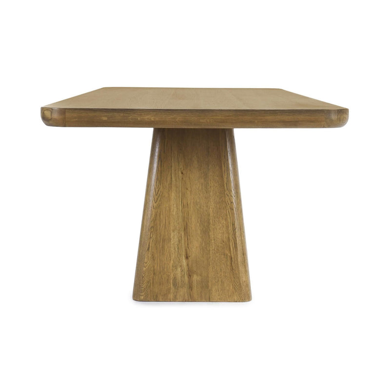 Light brown wood dining table with round-corner rectangular top and single pedestal