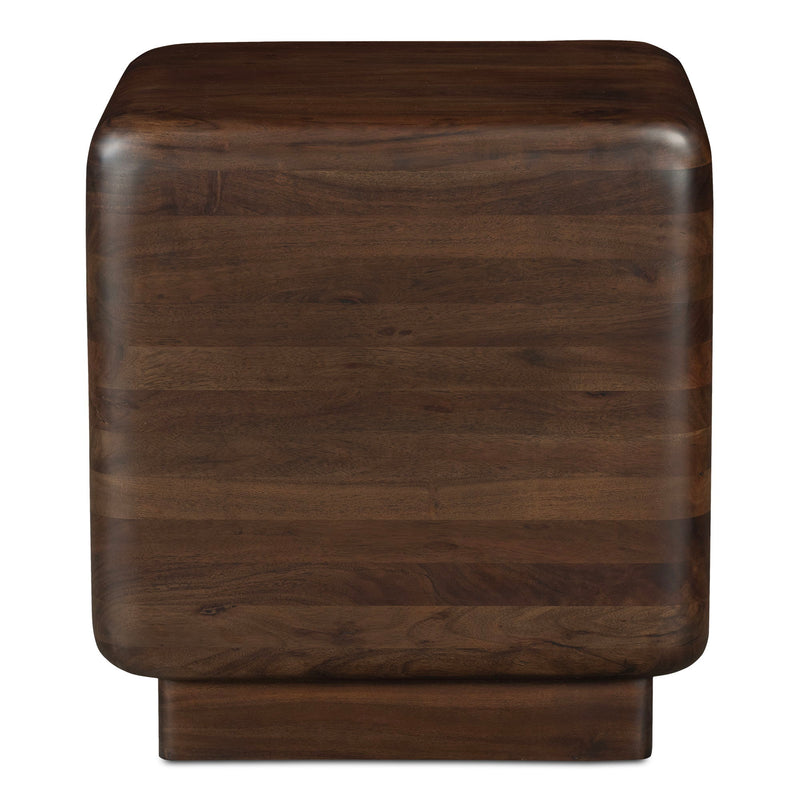 Eton dark brown wooden side table showing a plank-grain side and pedestal base