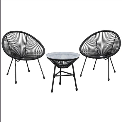 3-piece patio bistro set with black woven rope chairs and round mesh-top coffee table