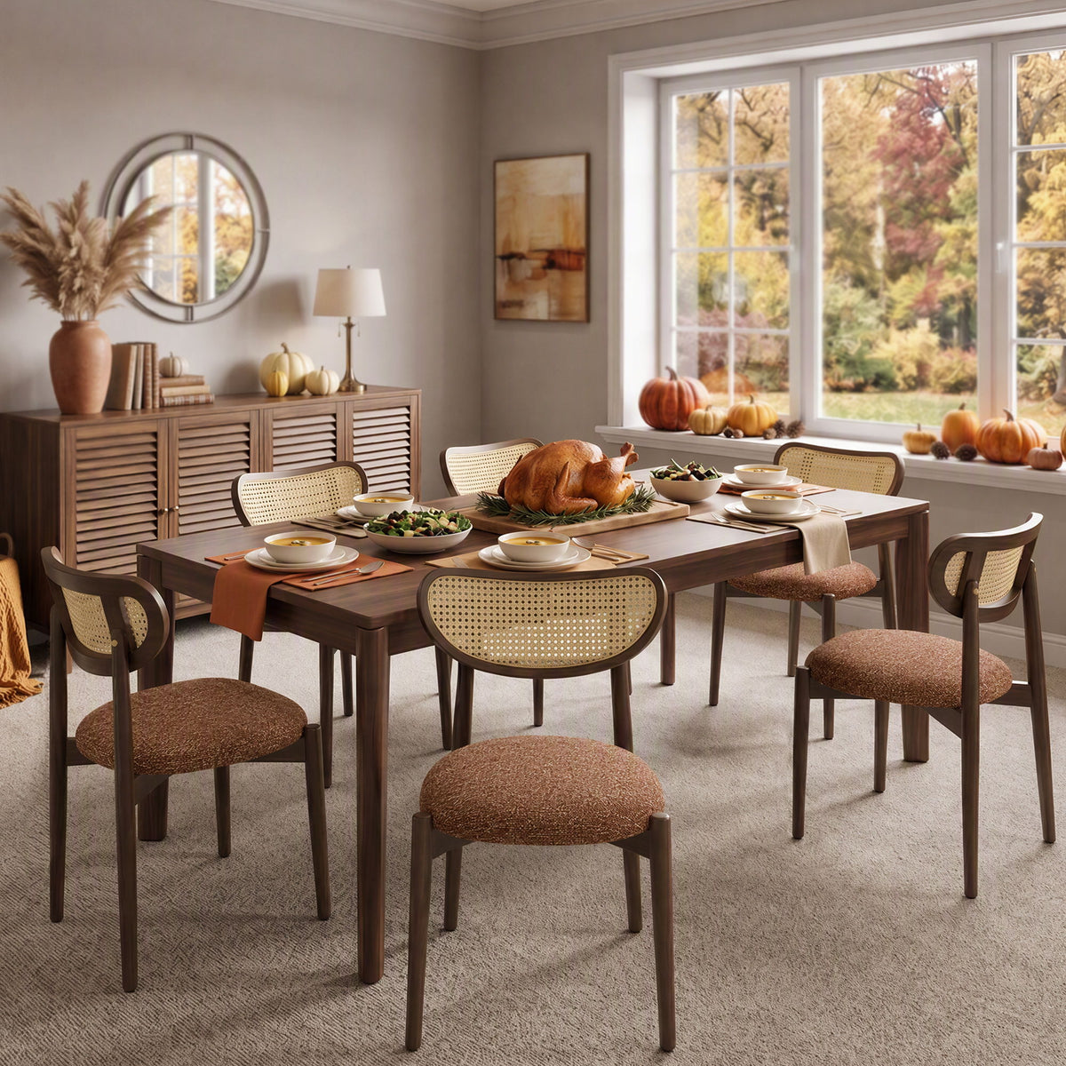Rattan dining chairs with brown seats arranged around a dining table
