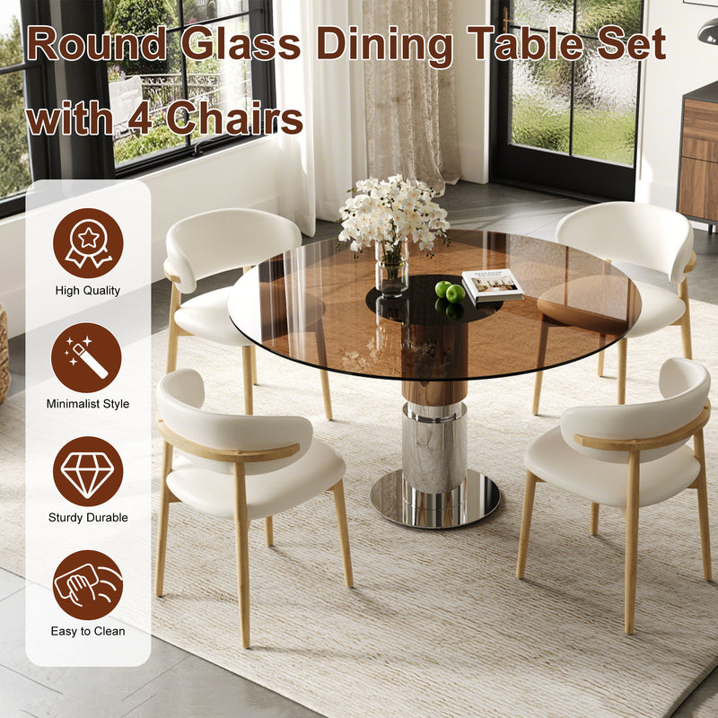 Round Dining Table With Tempered Glass Top - Brown