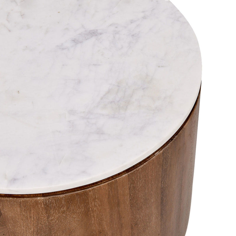 Marble-look tabletop corner with dark edge trim over an umber wood side.