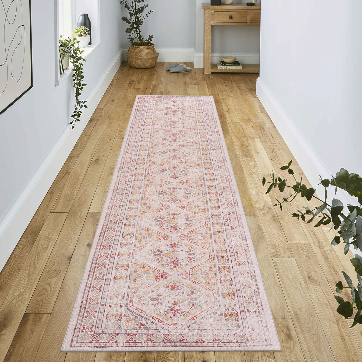 Maval washable runner rug, cream with red medallion border pattern