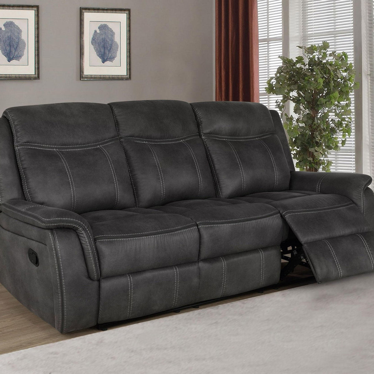 Lawrence Upholstered Padded Arm Reclining Sofa Charcoal