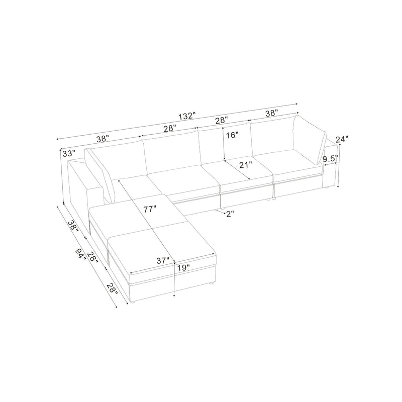 Modular sectional sofa dimension diagram with chaise and corner seat
