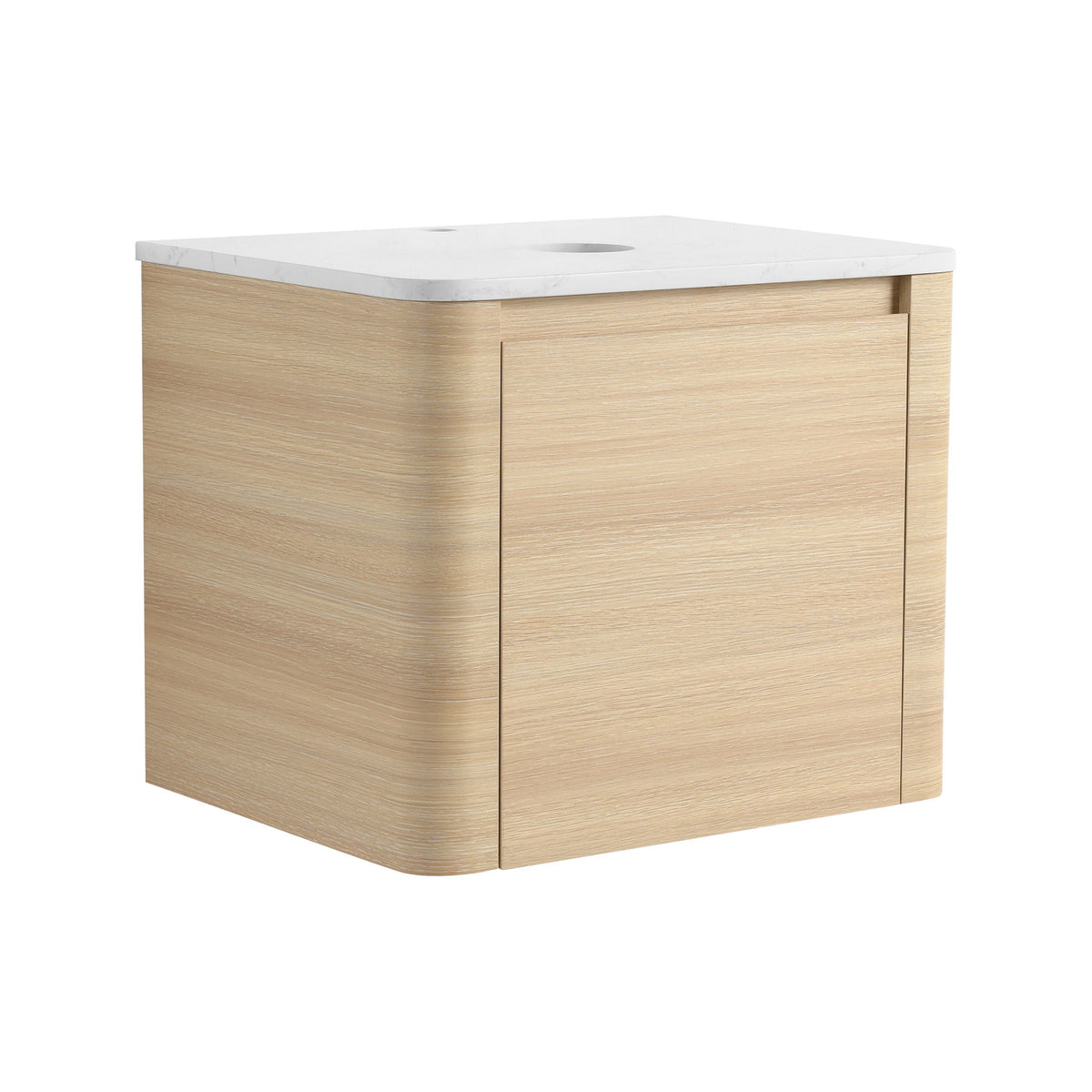 Light wood bathroom vanity cabinet with white countertop, soft-close door, oval opening