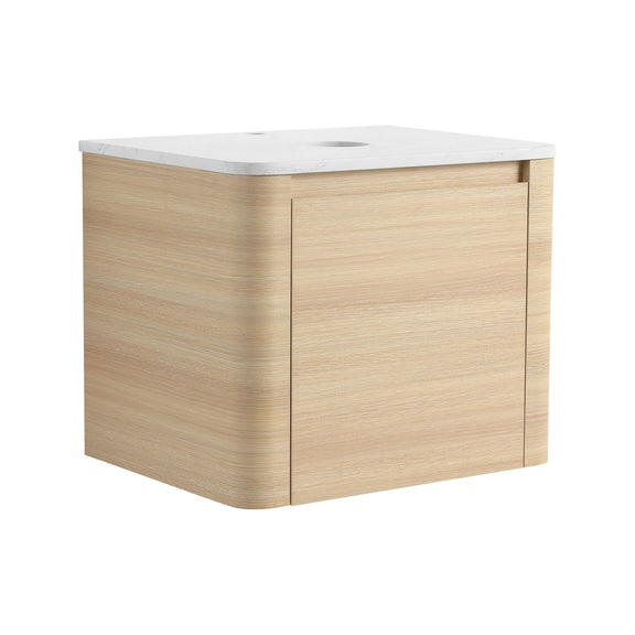 Light wood bathroom vanity cabinet with white countertop, soft-close door, oval opening