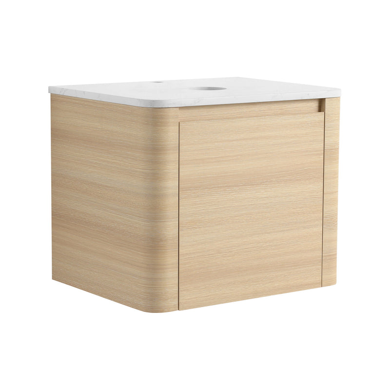 Light wood bathroom vanity cabinet with white countertop, soft-close door, oval opening