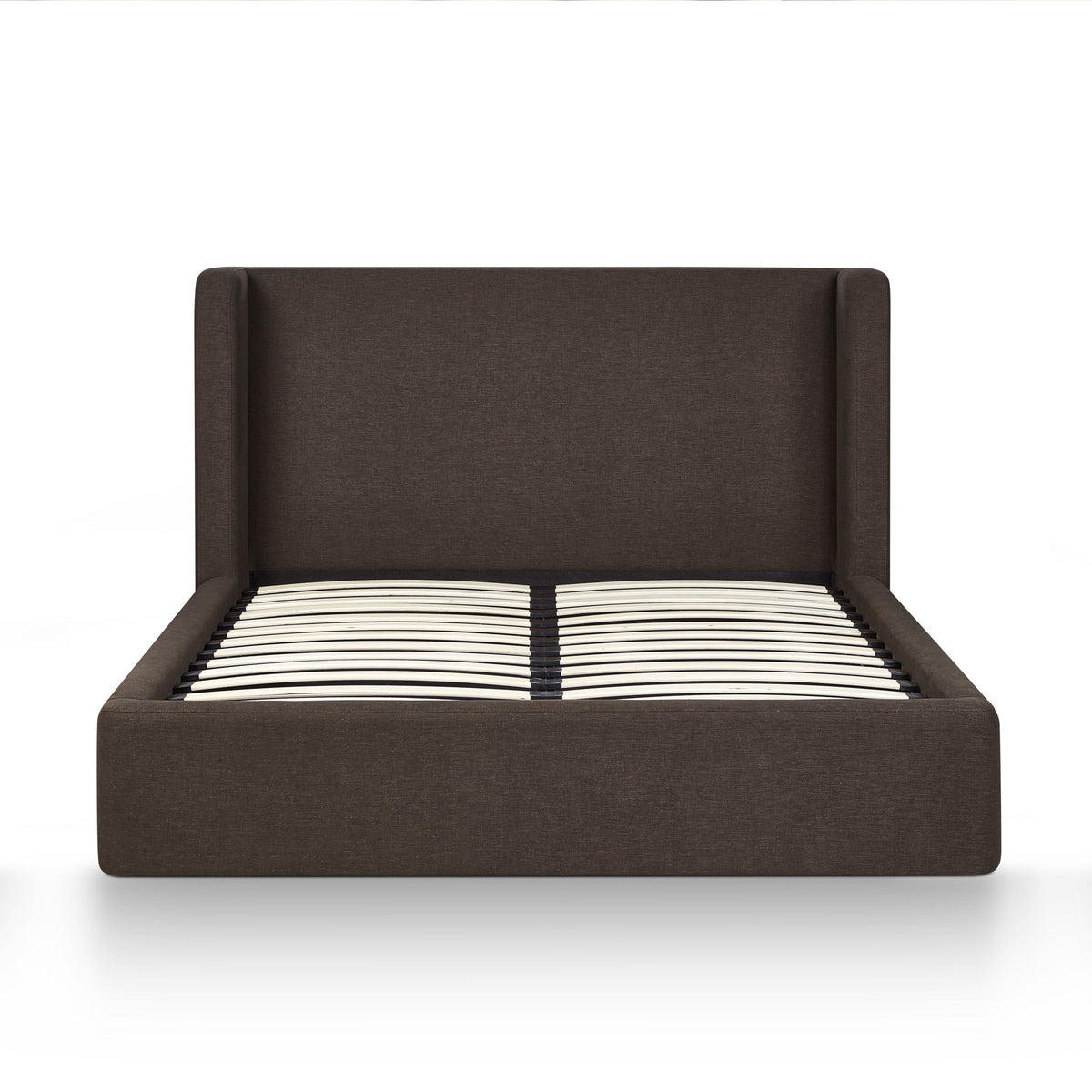 Upholstered platform bed with tall headboard, dark brown fabric frame and striped slat support