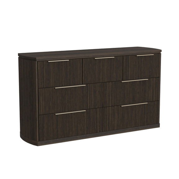 Dark brown wood dresser with vertical slat panels and four drawers with bar pulls