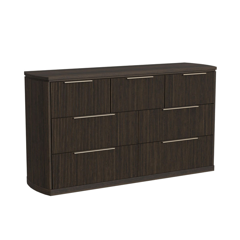 Dark brown wood dresser with vertical slat panels and four drawers with bar pulls