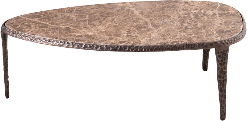 Round marble-top coffee table with dark metal legs and textured aluminum base