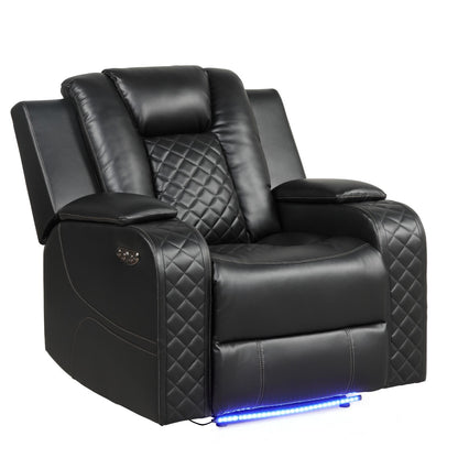 Black power recliner chair with adjustable headrest and diamond-quilted back, built-in LED.