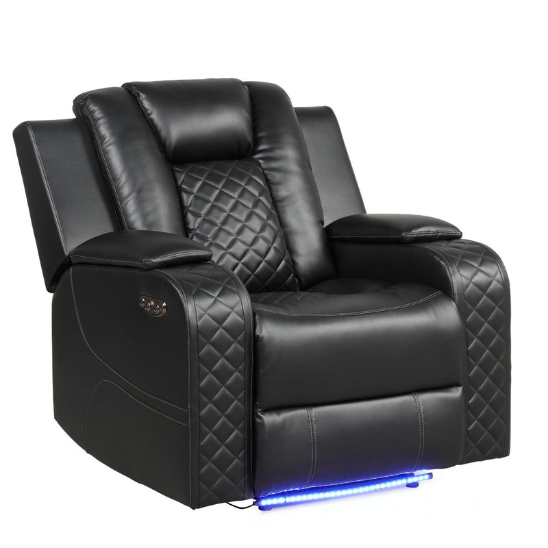 Black power recliner chair with adjustable headrest and diamond-quilted back, built-in LED.